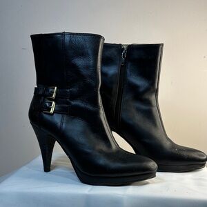 Kelly & Katie Black Heeled Boots with Gold Buckles